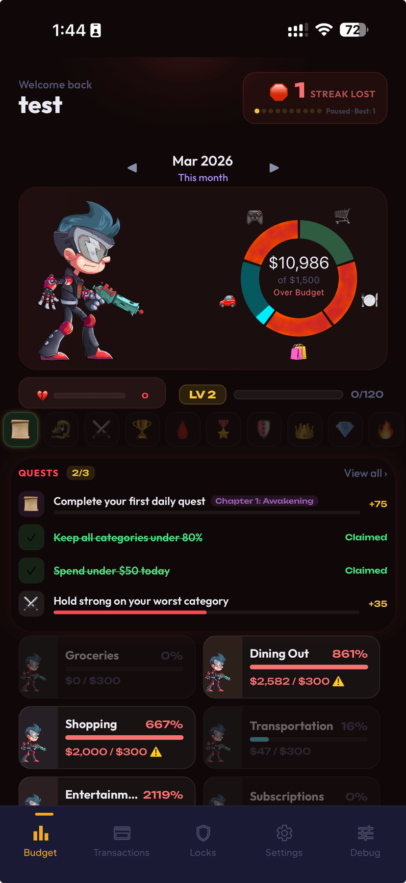 DopeLock dashboard showing over-budget state with locked categories highlighted in red