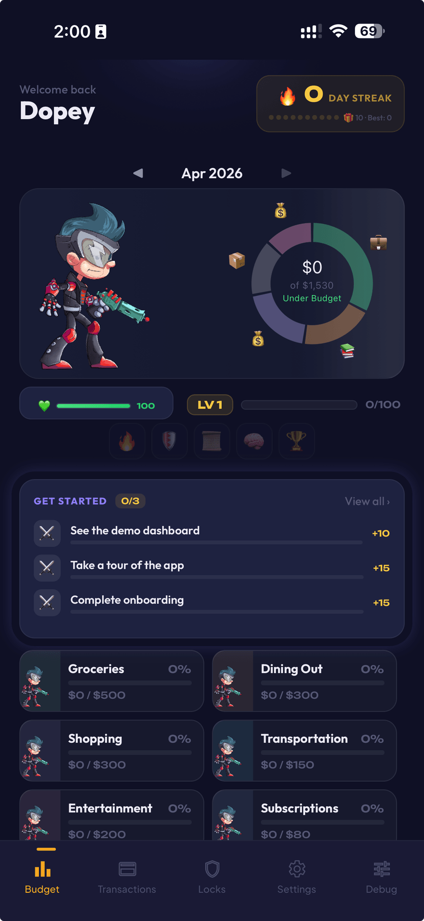 DopeLock budget dashboard showing spending categories and a donut chart