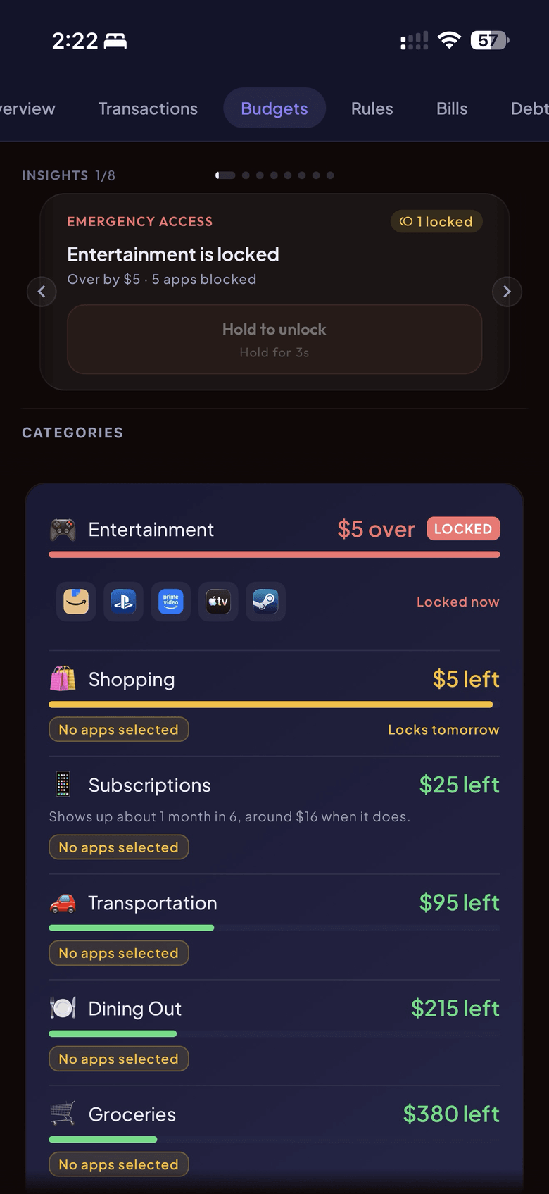 Enkra budgets screen showing Entertainment locked with apps blocked