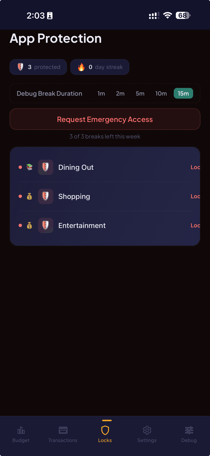 DopeLock app protection screen showing locked app categories
