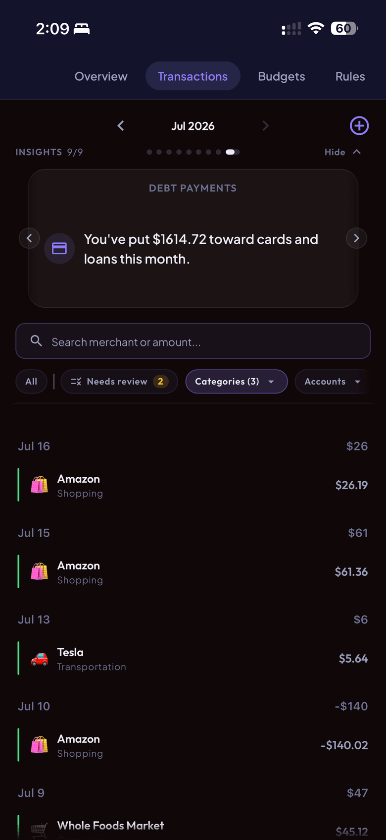 Enkra transactions screen showing bank transaction history