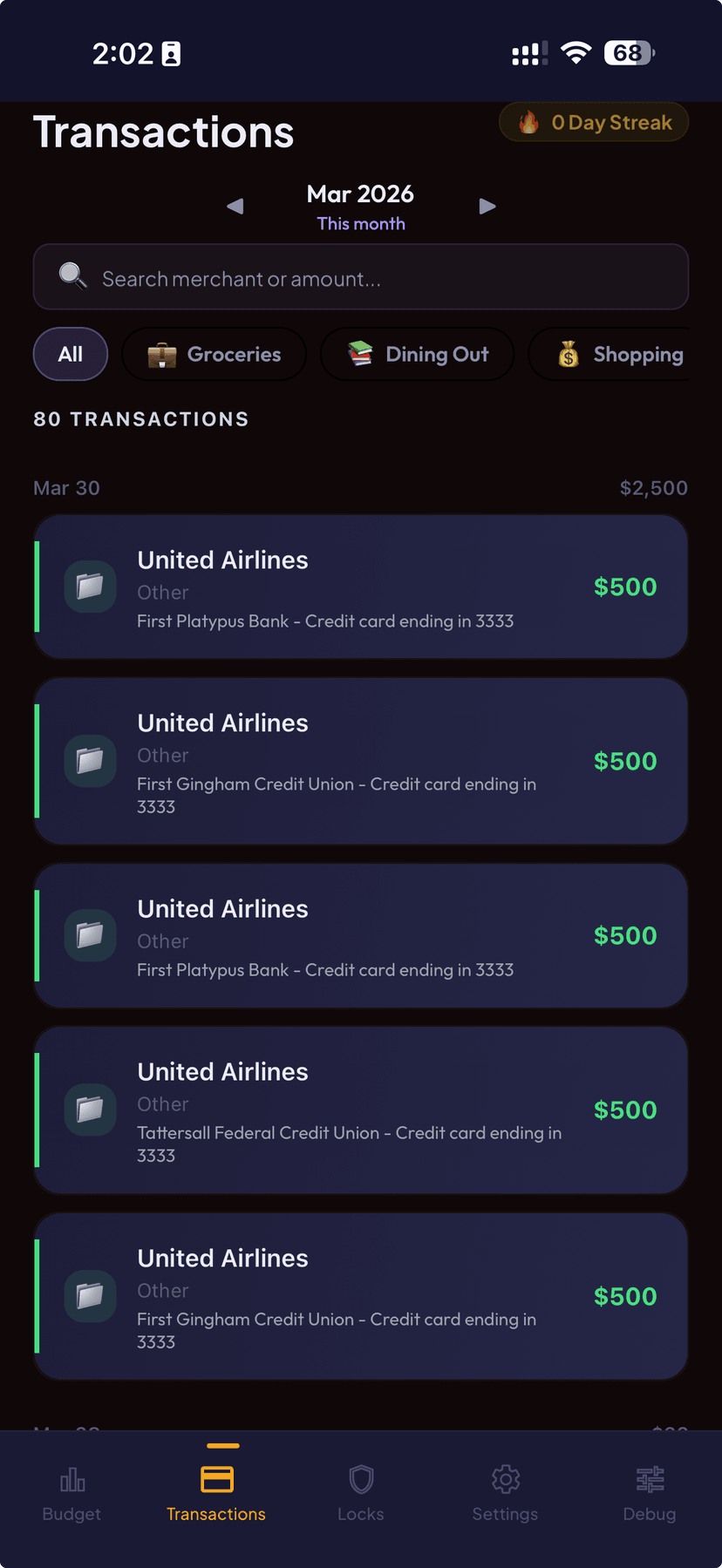 DopeLock transactions screen showing bank transaction history